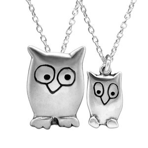 Mother and Daughter Night Owl Necklace Set Two Sterling Silver Owl Pendants on Adjustable Sterling Chains image 1