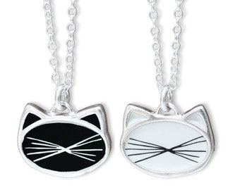 Black Cat White Cat Reversible Whiskers Pendant - Sterling Silver and Enamel - Cat Jewelry on Adjustable Chain