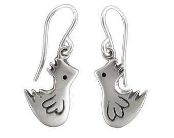 May include: A pair of silver dangle earrings featuring a stylized bird design. The earrings have a simple hook closure.