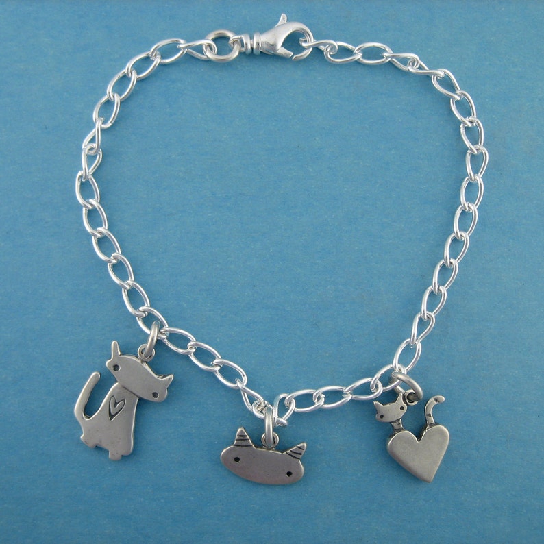 Sterling Silver Cats Charm Bracelet Cat Fancy Three Charm Etsy