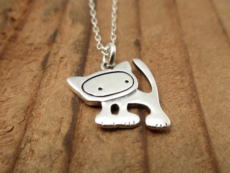Tiny Punk Kitty Necklace Sterling Silver Cat Pendant Cute Cat Charm on Adjustable Chain image 3