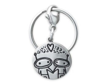 Sterling Silver Alien Keychain: Reversible Rocketship Keyring