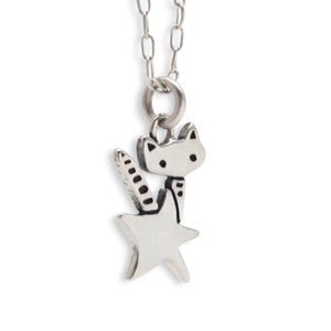 Tiny Rocket Kitty Charm - Sterling Cat Necklace - Silver Cat Pendant - Cat and Star