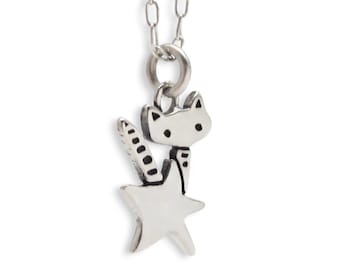 Tiny Rocket Kitty Charm - Sterling Cat Necklace - Silver Cat Pendant - Cat and Star