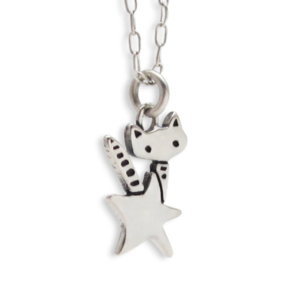 Tiny Rocket Kitty Charm - Sterling Cat Necklace - Silver Cat Pendant - Cat and Star