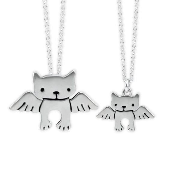 Mother Daughter Angel Cat Necklace Set: Sterling Silver Pendants