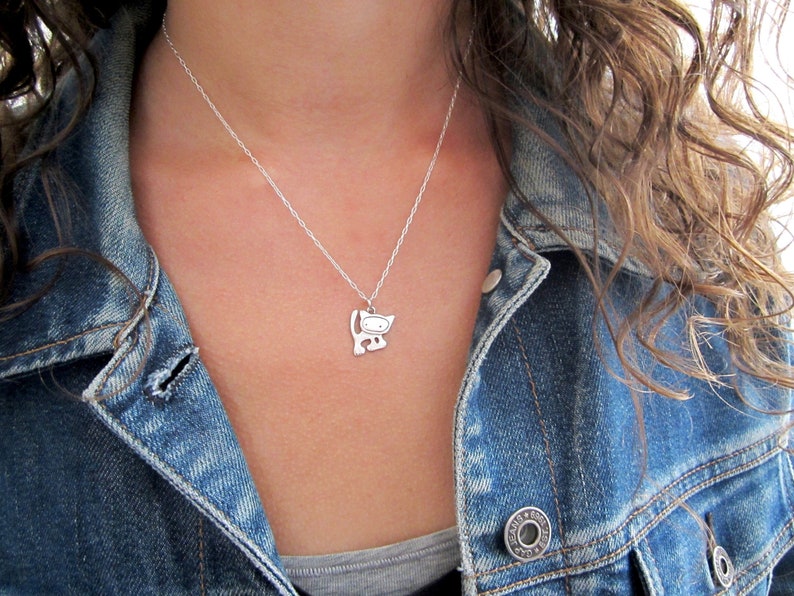 Tiny Punk Kitty Necklace Sterling Silver Cat Pendant Cute Cat Charm on Adjustable Chain image 6