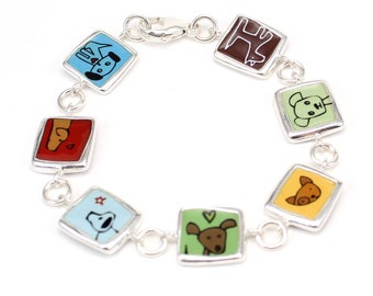 Dogs Versus Dogs Bracelet - Sterling Silver and Vitreous Enamel Reversible Bracelet with 14 Dog Drawings