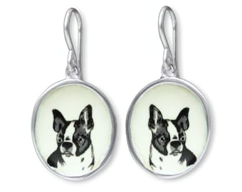 Boston Terrier Earrings - Sterling Silver and Enamel Dog Breed Dangle Earrings - Sweet Puppy Portrait Jewelry