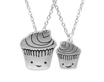 Sterling Silver Mother Child Cupcake Charm Necklace Set - Silver Cupcake Pendants on Adjustable Sterling Chains