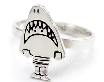 Sterling Silver Shark Girl Ring - Shark Ring - Sea Creature Ring