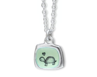 Teeny Tiny Enamel and Sterling Silver Turtle Necklace on Adjustable Serling Chain - Turtle Jewelry