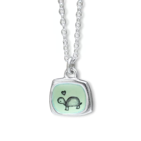 Teeny Tiny Enamel and Sterling Silver Turtle Necklace on Adjustable Serling Chain - Turtle Jewelry