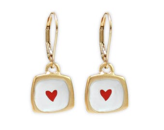 Gold Dipped Sterling Silver Heart Dangle Earrings: Enamel Jewelry