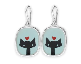 Sterling Silver Black Cat Enamel Earrings: Cartoon Kitty Jewelry