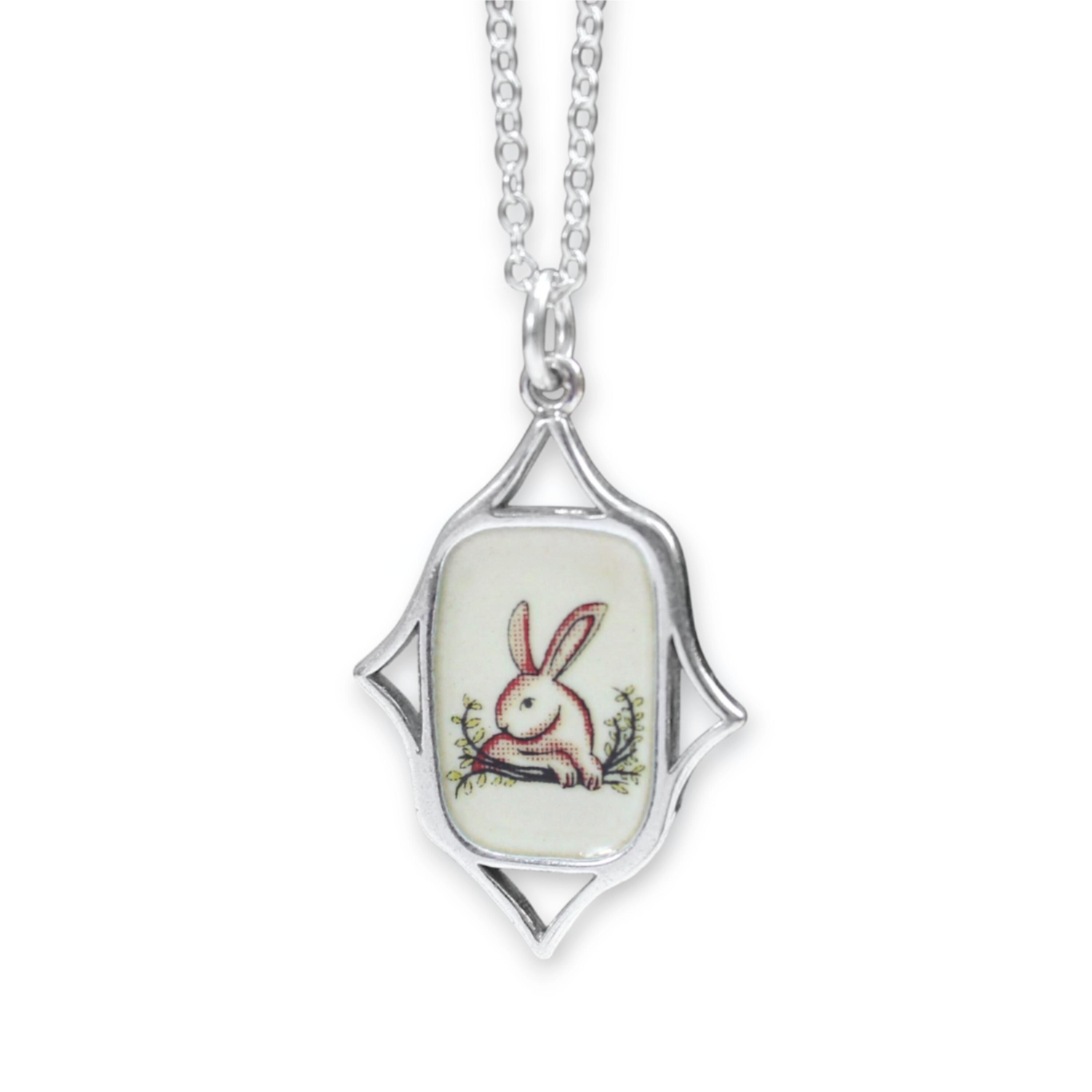 Vintage Rococo Style Rabbit Necklace - Sterling Silver and Enamel Bunny Illustration Pendant on Adjustable Chain - Swanky Easter Gift
