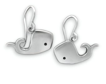 May include: A pair of silver whale earrings with a simple design. The whales are facing to the right and have a small black eye.