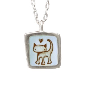 Cat Necklace - Reversible Sterling Silver "talks to cats" Necklace - Enamel and Silver Pendant on Adjustable Sterling Chain