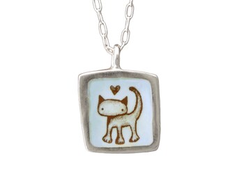 Cat Necklace - Reversible Sterling Silver "talks to cats" Necklace - Enamel and Silver Pendant on Adjustable Sterling Chain