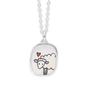 Sterling Silver Sheep Charm Necklace - Silver and Vitreous Enamel Handmade Sheep Pendant on Adjustable Sterling Chain - Lamb Gift