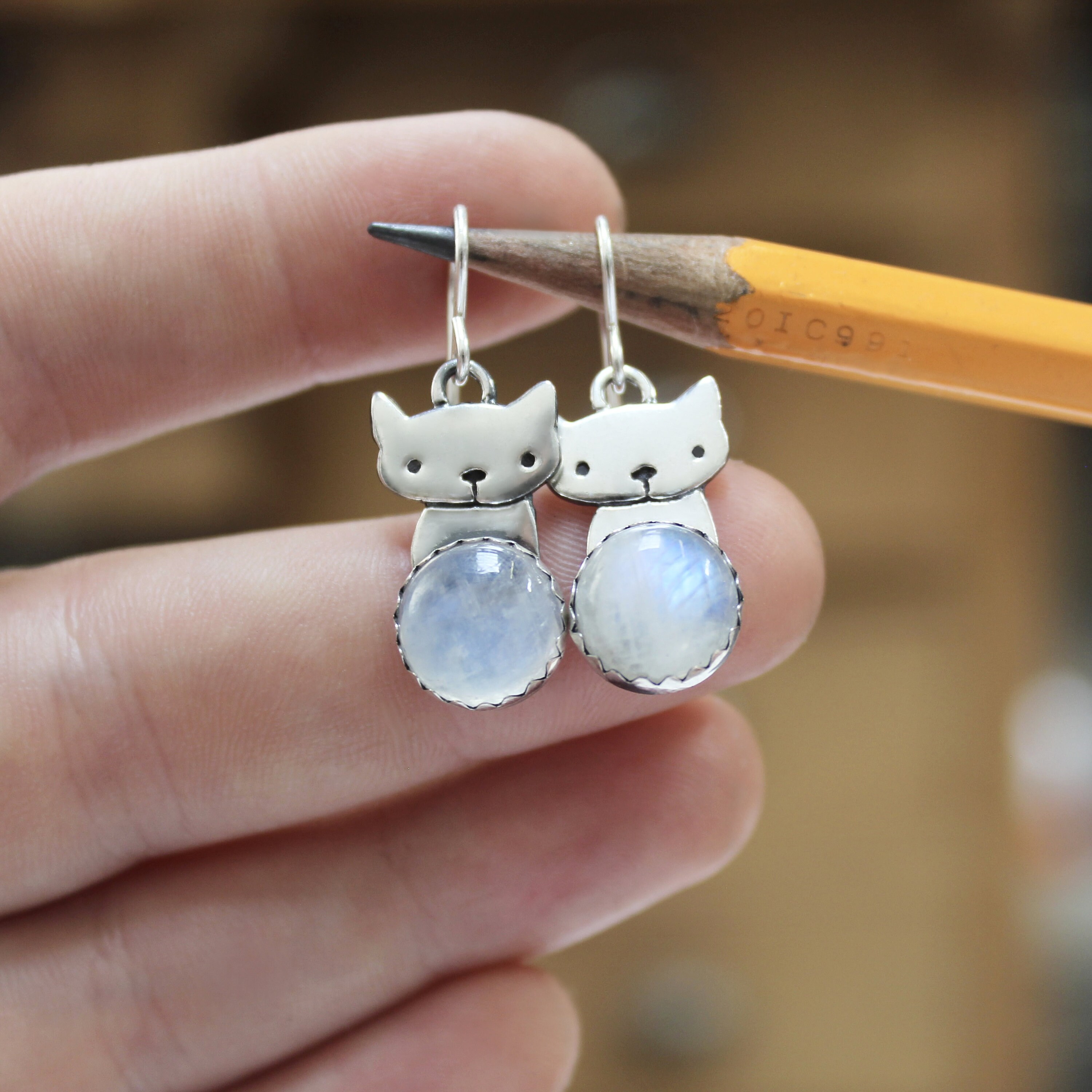 Cat on the Moon Earrings Sterling Silver and Rainbow Moonstone Kitten Dangle Earrings