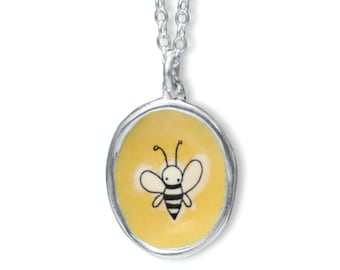 Bee Necklace - Sterling Silver and Vitreous Enamel Bee Pendant - Unique Bee Charm on Adjustable Sterling Chain