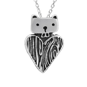 Beaver Charm Necklace - Sterling Silver Beaver Pendant with Faux Bois Heart on Adjustable Sterling Chain