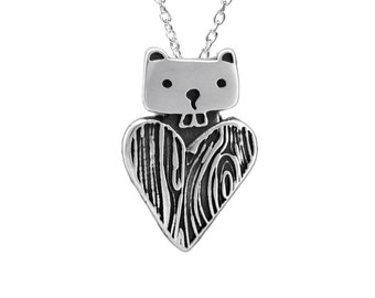 Beaver Charm Necklace - Sterling Silver Beaver Pendant with Faux Bois Heart on Adjustable Sterling Chain