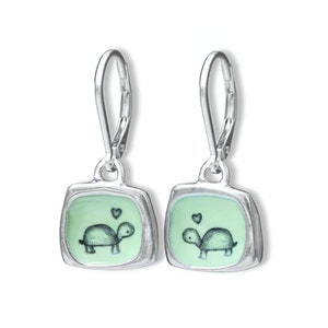 Sterling Silver Turtle Earrings - Adorable Turtle Jewelry - Lever Back Ear Wires and Vitreous Enamel