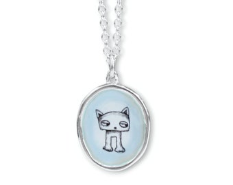 Side Eye Cat Necklace - Weird Sterling Silver and Enamel Cat Charm Pendant on Adjustable Sterling Chain