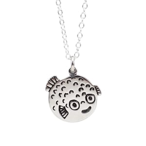 Sterling Silver Pufferfish Charm Necklace - Cute Blowfish Pendant on 16 18 20 Inch Sterling Silver Adjustable Chain