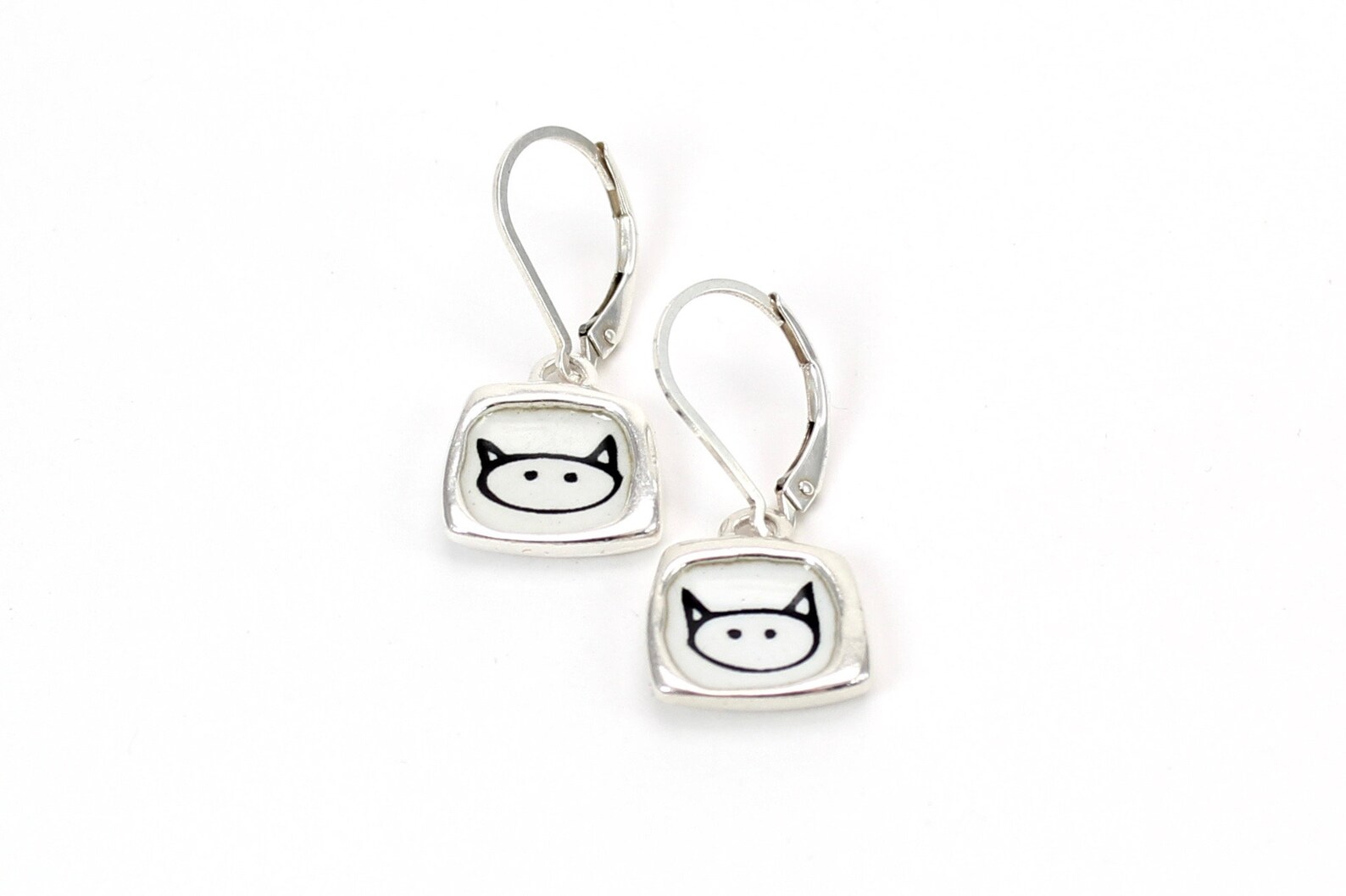 Cute Cat Earrings Black and White Enamel and Sterling Silver Etsy