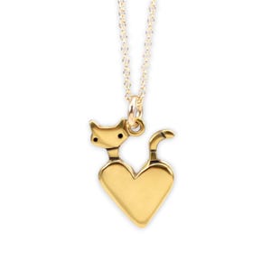 Gold Pocket Cat Charm Necklace - Gold Dipped Sterling Silver Cat and Heart Pendant