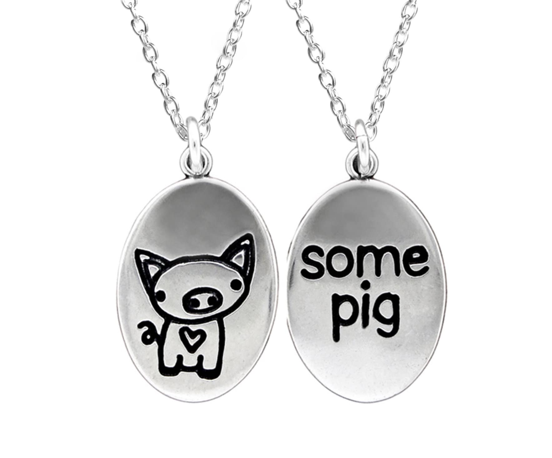 スターリングシルバーの豚チャームネックレス：「Some Pig」リバーシブルペンダント