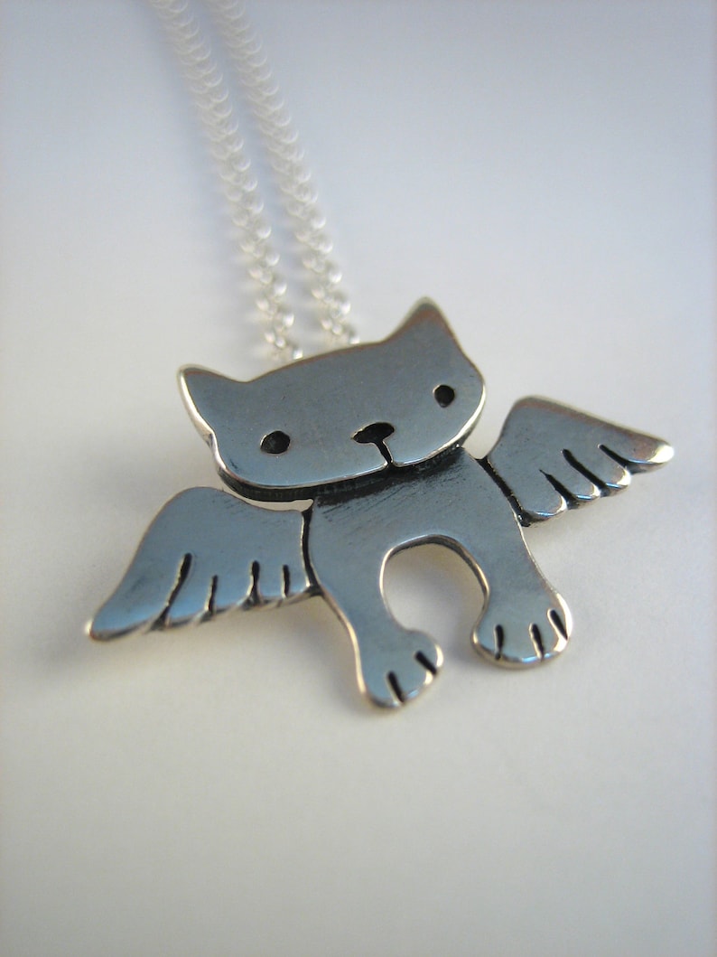 Sterling Angel Kitty Necklace Silver Cat Pendant on Adjustable Sterling Chain Cat with Wings Cat Memorial image 2