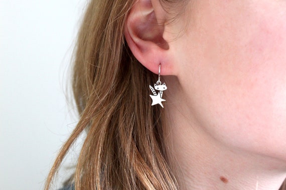 Sterling Silver Rocket Cat Earrings: Star Kitty Jewelry - Etsy