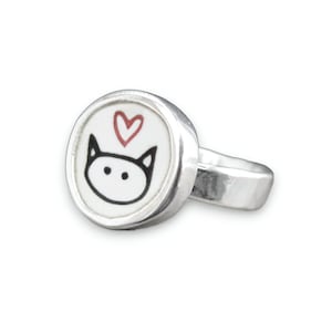 Cat Ring - Sterling Silver and Vitreous Enamel Kitty Ring with Original Cat Drawing