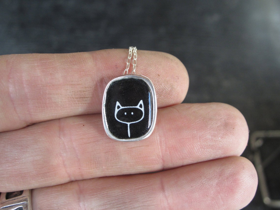 Black and White Cat Necklace Sterling Silver and Vitreous Etsy