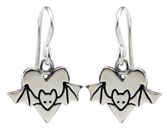 Bat Earrings - Sterling Silver Bat and Heart Earrings