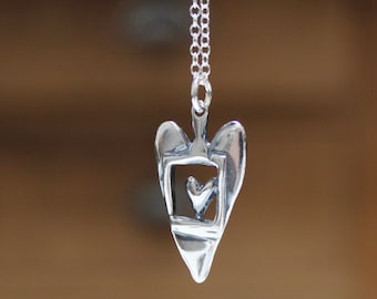 Sterling Silver Love Within Heart Charm Necklace - I Hold Your Heart Charm Necklace on Adjustable Sterling Chain