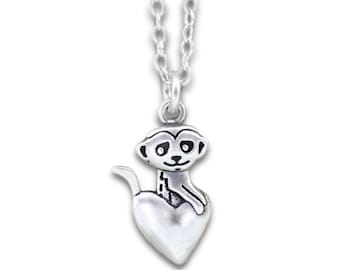 Tiny Meerkat Charm - Small Detailed and Adorable Solid Sterling Silver Meerkat on a Heart Charm