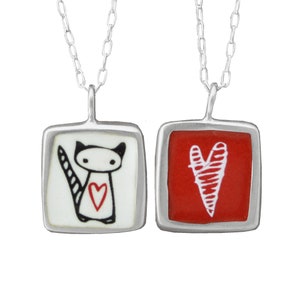 Reversible Cat and Heart Necklace on Adjustable Chain - Sterling Silver and Vitreous Enamel Necklace with Original Cat Drawings