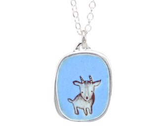 Miniature Goat Necklace - Sterling Silver and Vitreous Enamel Goat Pendant on Adjustable Chain - Goat Charm