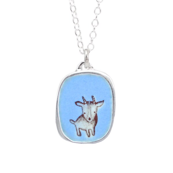 Miniature Goat Necklace - Sterling Silver and Vitreous Enamel Goat Pendant on Adjustable Chain - Goat Charm