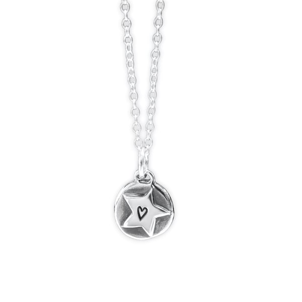 Tiny Sterling Silver Star Charm Necklace: Heart Detail, Adjustable Chain