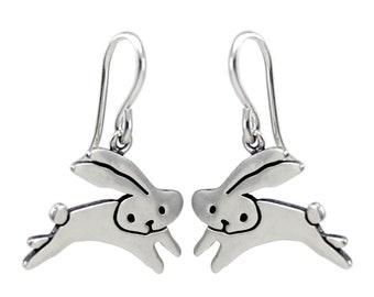 Rabbit Earrings - Sterling Silver Bunny Earrings - Jumping Bunny Dangles
