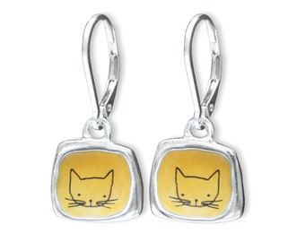 Sterling Silver Orange Cat Earrings - Adorable Cat Jewelry - Lever Back Ear Wires and Vitreous Enamel