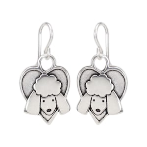 Sterling Silver Poodle Charm Earrings on 925 French Ear Wires - Poddle Heart Dangle Earrings
