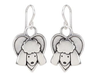 Sterling Silver Poodle Charm Earrings on 925 French Ear Wires - Poddle Heart Dangle Earrings