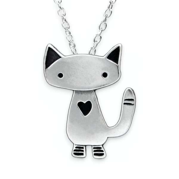 Alley Cat Charm Necklace - Sterling Silver Cat Pendant - Cat Love on Adjustable Chain